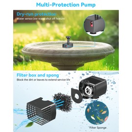 POPOSOAP Modern Black Solar Bird Bath Fountain Pump, 6W, 60GPH, 5 Nozzles, 9.84ft Cable, 4ft Tubing