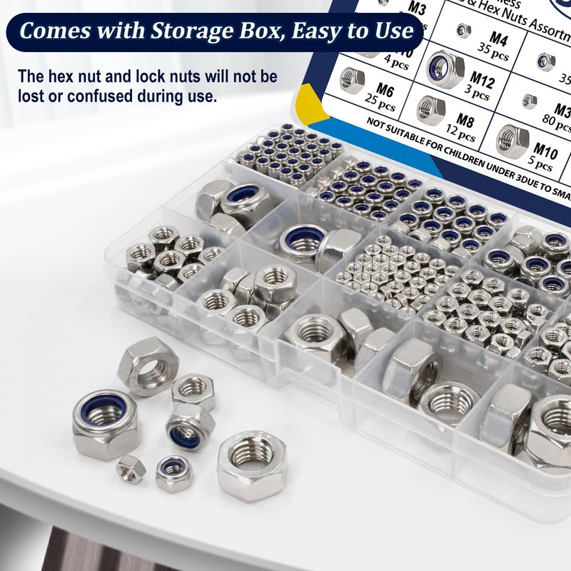 ZQZ 360 Pack Metric Hex Nuts & Locknuts Assortment Kit，M3