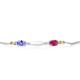 Gem Stone King 925 Silver and 10K Yellow Gold Blue Tanzanite Red Created Ruby and White Lab Grown Diamond Tennis Bracelet For Women (0.99 Cttw, Gemstone Birthstone, Fully Adjustable Up to 9 Inch)