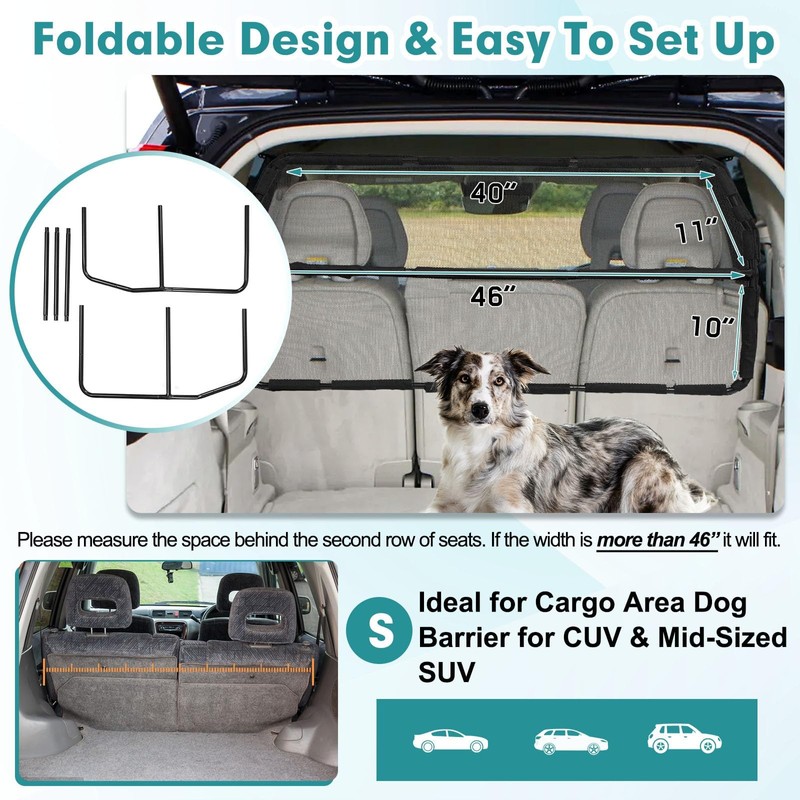 Dog Car Barrier Escape-Proof, 46" Wide Car Divider for 3rd