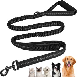 Euqvunn Dog Lead with Bungee 1.4 to 2 m | Recall Lead for Large Medium Dogs | Double Soft Padded Handle | Shock Absorbing | Reflective for Night Training & Walks | Black