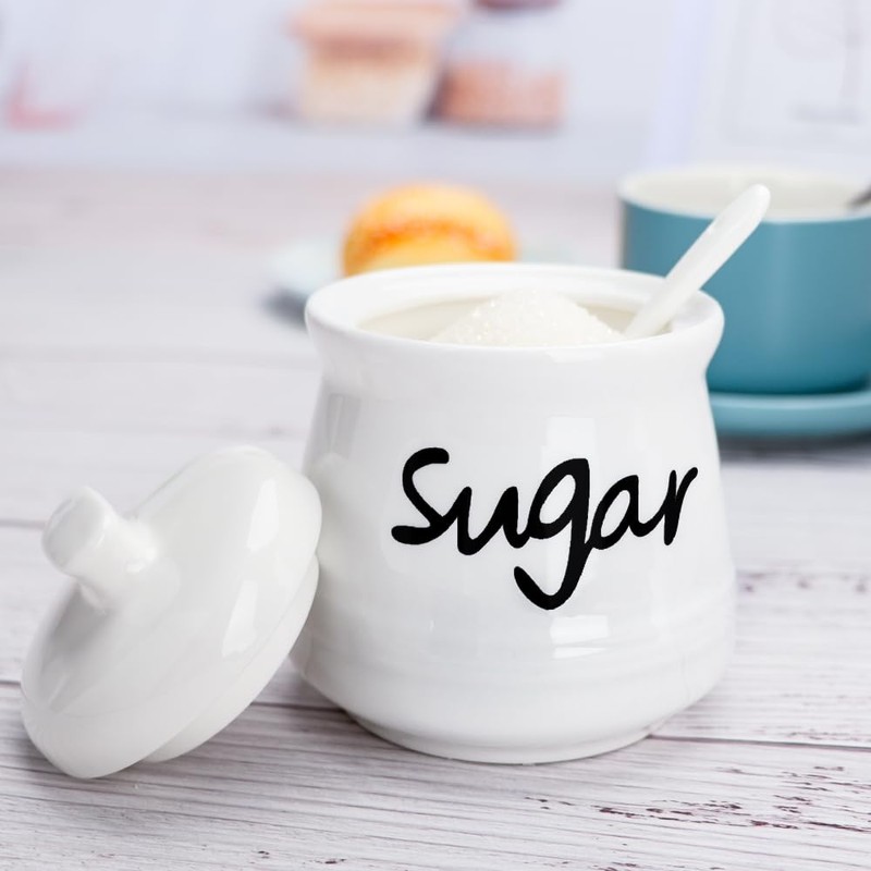 Swetwiny Ceramic Sugar Bowl with Lid and Spoon, 12 Ounces