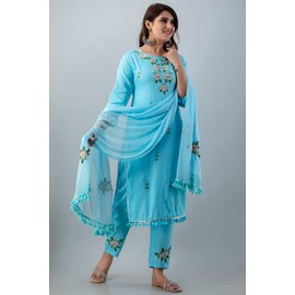 JG Women's Ethnic Wear Collection Rayon Straight Embridered Kurti & Pant Set With Dupatta, Blue, XL