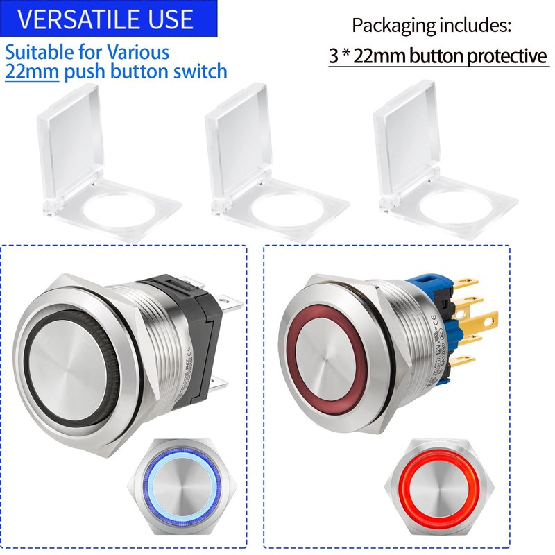 (3 Pcs) 22mm 7/8" Power Push Button Switch Cover, Round