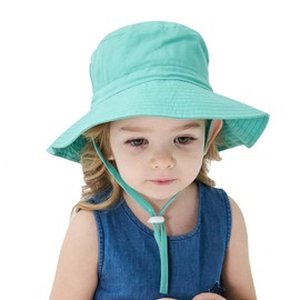 Exemaba Baby Sun Hat Adjustable - 2pcs Toddler Kids Wide Brim Bucket UPF 50+ Summer Play Hat with Chin Strap for Girls (Green & Flowers,S/6-24m)