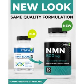 Renew Actives RENEW ACTIVES NMN Supplement 500mg per Serving C Highest Potency Available, Boosts NAD+ for Cellular Health, Promotes Longevity, Energy Metabolism & Tissue Formation, Made in Canada C 60 Capsules (2pk)