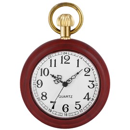 Tiong Red and White Arabic Numerals Wooden Quartz Men Pocket Watch, Lightweight Wooden Men's Fob Pocket Watch with Gold Chain - Red and White