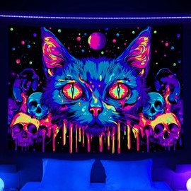 MDUKOIN - Tapiz de terror para gatos con luz negra, diseño de gato gótico y calavera hippie para recámara, tapices UV, pósteres estéticos para decoración del hogar, 60 x 40 pulgadas
