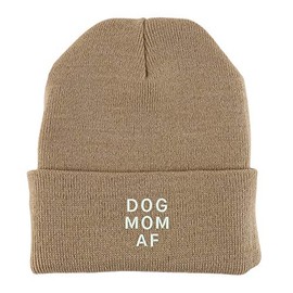 Trendy Apparel Shop Dog Mom Af Embroidered Made in USA Cuff Folded Acylic Knit Winter Beanie Hat - Khaki