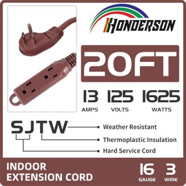 HONDERSON 3-Outlets Flat Plug Indoor Extension Cord Outlet Extender, UL Listed, 16 Gauge 20FT Brown 3 Prong Heavy Duty, 16/3 SJTW 13A Power Strip