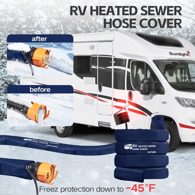 Sewer Hose with Heated Sleeve Avoid Freezing at -45°F, Blue
