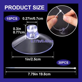 OIIKI 15 PCS 25 mm Strong Suction Cups with 30 PCS Zip Ties, Rubber Anti-Collision Sucker Pads Without Hooks, Suction Cups for Glass Table Tops, Fish Tank, Kitchen Furniture - Clear