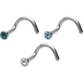 PIERCINGLINE Set of 3 Titanium Nose Piercing Spiral Flat Crystal Disc Nostril Piercing Nose Stud, Titanium