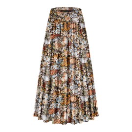 CYiNu Women's Chiffon Elastic High Waist Tiered Pleated Floral Printed A-Line Boho Long Maxi Skirts(Coffee Floral,S)