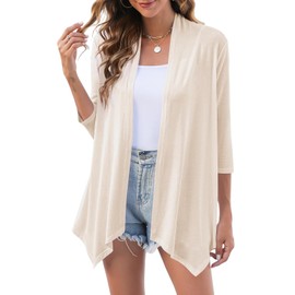 Uvog Womens Plus Size Cardigans Lightweight Open Front Cardigan Shrugs 3/4 Sleeve Kimono Jacket Cover Ups Beige 3XL