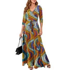 African Dress for Women Culture Kente Print Traditional Spring Casual V Neck Long Maxi Loose Fit Dresses