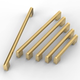 FURNIWARE 10 Pack Cabinet Pulls, Hardware Drawer Handles, Stainless Steel Kitchen Cabinet Door Handles Pull, Brass-96mm(3.7 Inch) Hole Center