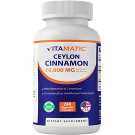 Vitamatic Ceylon Cinnamon 10000 mg Equivalent Per Serving (from 20:1 Extract 500 mg) with Berberine & Chromium - 240 Vegetable Capsules - Non-GMO & Gluten Free