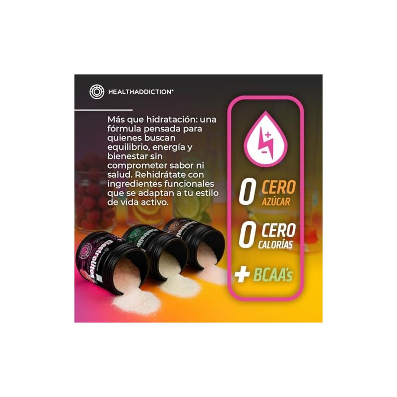 HEALTHADDICTION Polvo de Electrolitos con BCAAs Prebióticos y Vitaminas B