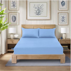 CHARKHAH Polycotton Fitted Sheet for Single Double King Super King Bed 200 Thread Count Anti Wrinkle Plain Bedding 25 cm Extra Deep Fitted Sheets Cover with Elastic Edges (Sky-Blue, Single)
