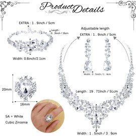 JeweBella 5pcs Wedding Jewellery Sets for Women Crystal Bridal Necklace Silver Vintage Rhinestone Earrings and Bracelet Cubic Zirconia Rings Set Wedding Engagement Bride Bridesmaid Prom Wedding