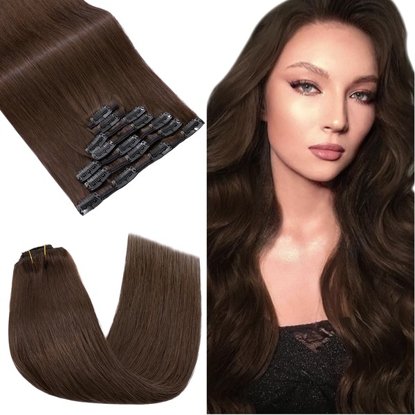 Clip-In Real Hair Extensions Silk-co Chocolate Brown 7 Pieces 16 Clips Remy Real Hair Clip-In Hair Extensions 35 cm 04#