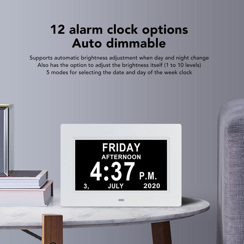 Digital Day Clock, 7in Auto Dimmable, 8 Languages, Unabbreviated Week