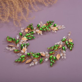 Denifery Rhinestone Bridal Hair Vine Crystal Wedding Headband Rhinestone Bride Headpiece Leaf Hair Accessories for Women and Girls (Green)