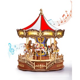 Rowood 3D Puzzles for Adults,Wooden Carousel Music Box for Adults,DIY Christmas Collectible Building Model Kit - Classic Carousel