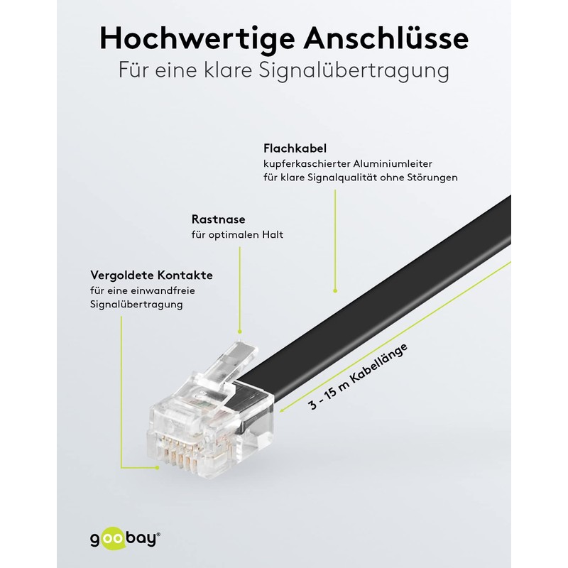 goobay Telephone Cable 15 m, Flat Modular Cable with RJ12