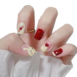 Bunny Love Delight: 24 Medium-Length Red False Nails - Heart, Bunnies, Love Design Full Cover, Glossy, Nail Glue DIY Glam for Women and Girls