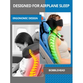 SARISUN Travel Pillow for Airplanes, Upgraded Airplane Pillow with 3D Eye Mask and Ear Cover for Long Flight, 360° Support Sleep Head Hold, Flight Essentials Plane Headrest, Stop Bobblehead, Black