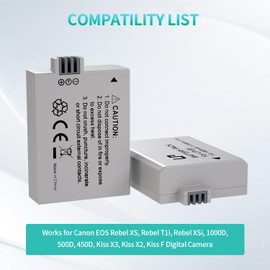 LP E5 Battery Pack, 2-Pack 1600mAh Battery Compatible with Canon EOS Rebel XS, Rebel T1i, Rebel XSi, 1000D, 500D, 450D, Kiss X3, Kiss X2, Kiss F Digital Camera and More