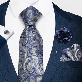 Ties Set Men Mixed Color Necktie Handkerchief Cufflinks Brooch 3.15 Formal (Sliver Blue Paisley)
