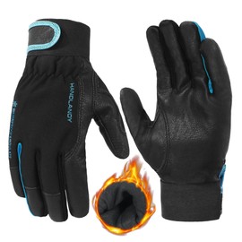 HANDLANDY Men's Thermal Winter Leather Work Gloves, Waterproof Cold Weather Work Gloves for Driving, Hiking, Running, Outdoor Work (Black/Blue, M)