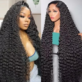 Xhisae 32 Inch Deep Wave Lace Front Wigs Human Hair 200 Density 13x6 HD Transparent Lace Front Wigs Human Hair Pre Plcked Curly Human Hair Wig for Women Deep Wave Frontal Wigs Human Hair