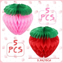 Skylety 10 Pieces 6 Inch Paper Strawberry Honeycomb Ball Tissue Paper Strawberry Ball for Birthday Party Decoration(Red and Pink)