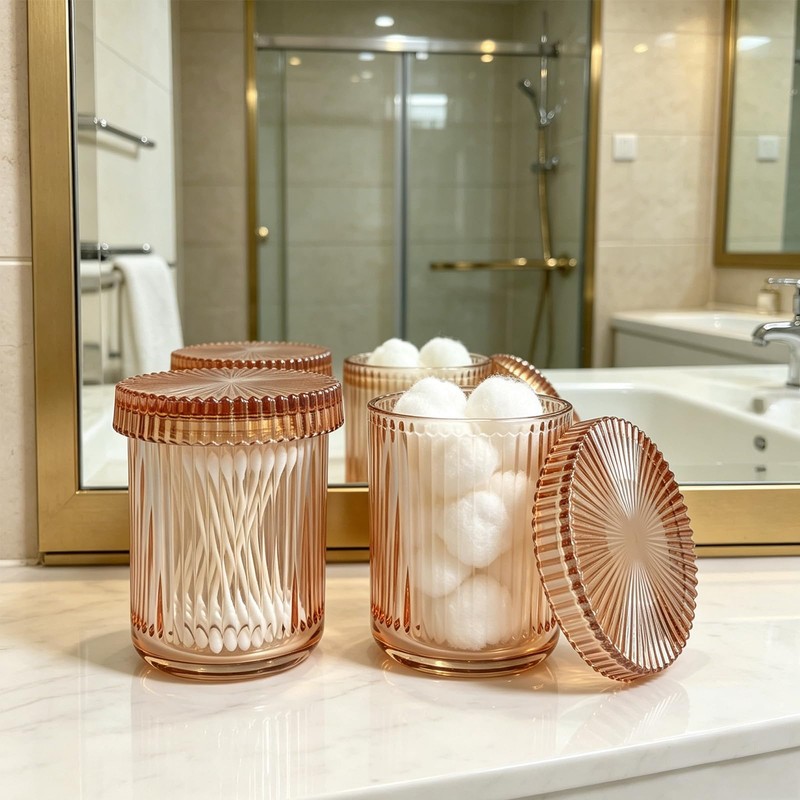 PENCK 2 Pack Ribbed Glass Qtip Holder with Lid, Amber