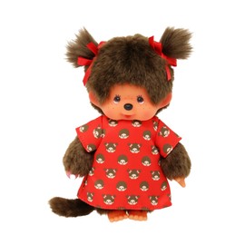 Sekiguchi 221295 Original Monchhichi Girl's Plush Toy with Monchich Dress and Bows, Approx. 20 cm Large Cuddly Toy Made of Brown Plush