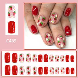 24 Pcs Spring Press on Nails Short Square Fake Nails with Red Strawberry Flowers Designs Flower False Nails Full Cover Stick on Nails Glossy Acrylic Nails for Women Manicure Art Accessories