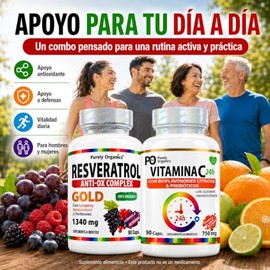 Purely Organics | Combo Resveratrol Gold 1340 mg + Vitamina C 750 mg | Apoyo Antioxidante e Inmunológico | 90 cápsulas c/u