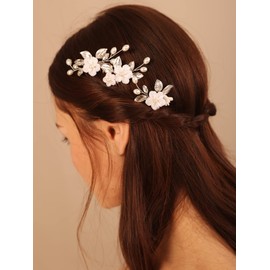 Deniferymakeup 3PCS White Rose Floral Hair Comb Set Leaf Hair Comb Handmade Pearl Hair Piece for Wedding Brides Bridesmaid Women and Girls (Silver)