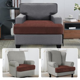 H.VERSAILTEX Stretch Velvet T Cushion Chair Covers for Living Room Armchair Sofa Cover Couch Cover Slipcover T Cushion Seat Cover Stay with Elastic Bands (Armchair, Burnt Brick)