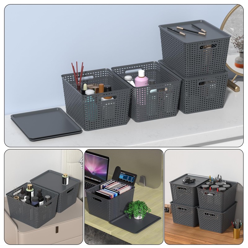 Zopnny Plastic Storage Baskets with Lid, Stackable Storage bins for