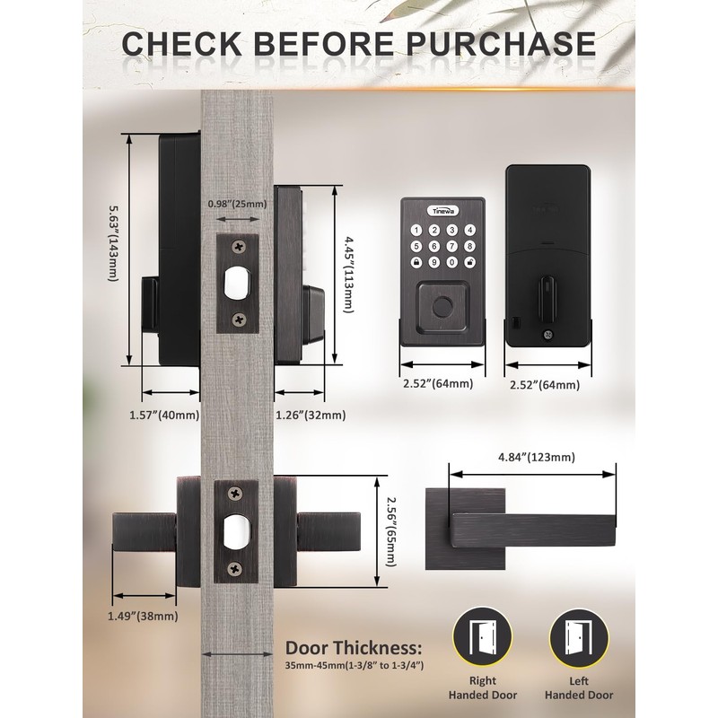 Tinewa Square Keyless Entry Door Lock with 2 Lever Handles,