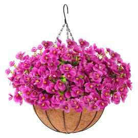 Fanfantoey Artificial Hanging Flowers for Outdoors Summer Decoration, 12“ Hanging Basket with Faux UV Resistant Silk Flowers, Realistic Fake Hanging Eucalyptus Plants for Porch Home Patio Balcony Yard