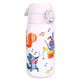 Ion8 Kinder Trinkflasche, Edelstahl 400ml, Auslaufsicher, Einhandöffnung, Sichere Verriegelung, Spülmaschinenfest, Klappdeckel, Tragegriff, Leicht zu Reinigen, Langlebig, Tierband Design