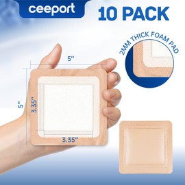 Ceeport Silicone Super Absorbent Wound Dressings 5" x 5", Adhesive Border Bandages for Heavy Exudate, Leg Ulcers, Bed Sores, 10 Pack, 3.35" × 3.35" Absorbent core