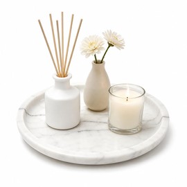 N NANSHOP Natural Marble Round Vanity Tray, Decorative Serving Tray, Natural Stone Organizer Dish, Bathroom Counter Dresser Nightstand Organizer for Candles, Perfumes, Jewelry, Home Deco,White(NS059)