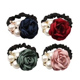 FXBLING Fashion Flower Hair Ties Hair Rope Rhinestone Pearl Hair Tie Accessories for Women and Girls, Fashion Ponytail Holders Hair Scrunchies for Thick and Thin Hair, Pack of 4
